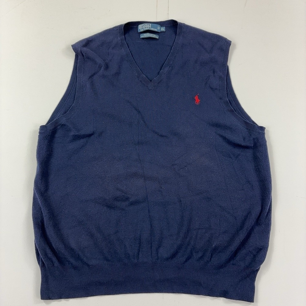 Polo By Ralph Lauren Sweater Vest Mens XL Blue V Neck Pima Cotton Knit Pony